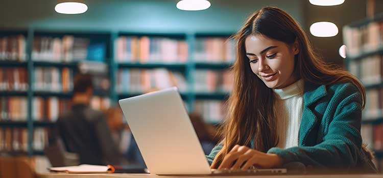psychology student studying on laptop in college library