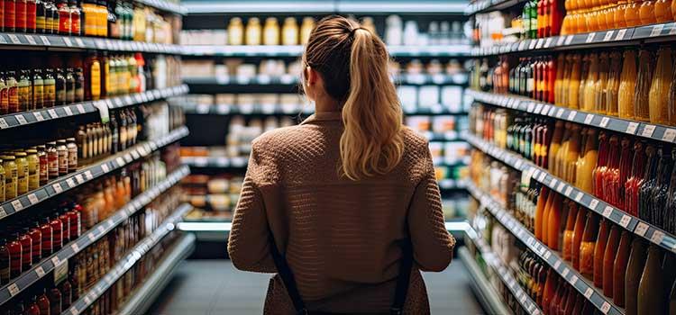 female shopper stands in grocery aisle full of consumer choices