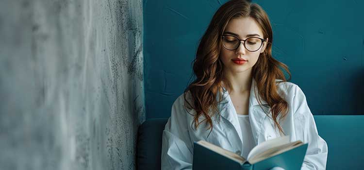 woman in glasses sits in secluded corner and reads a book