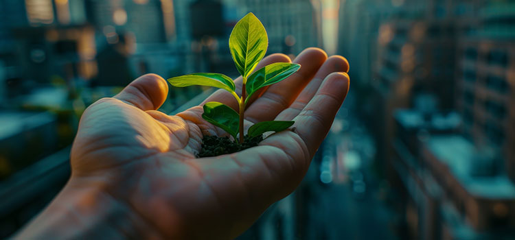 hand holds plant bud in front of blurred backdrop of busy cityscape