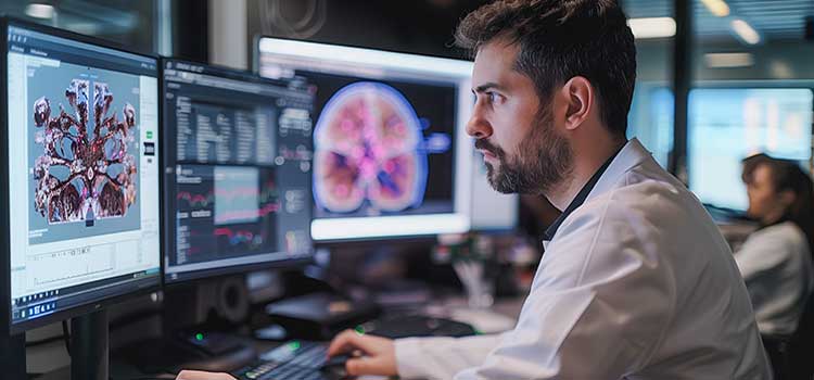 man at desktop computer studying brain function and psychology
