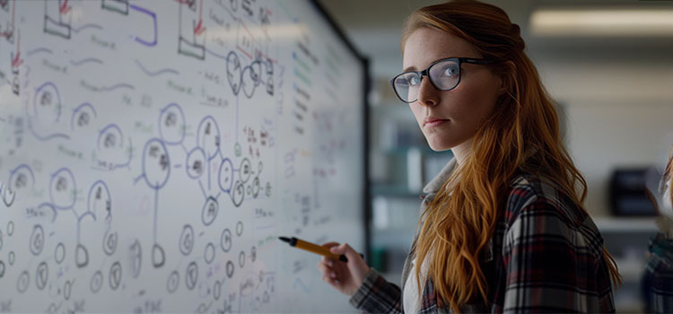 woman writes on whiteboard and analyzes research psychpology data